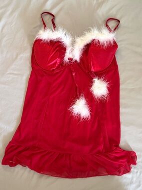 Red Fur Trim Chemise - Women Intimates